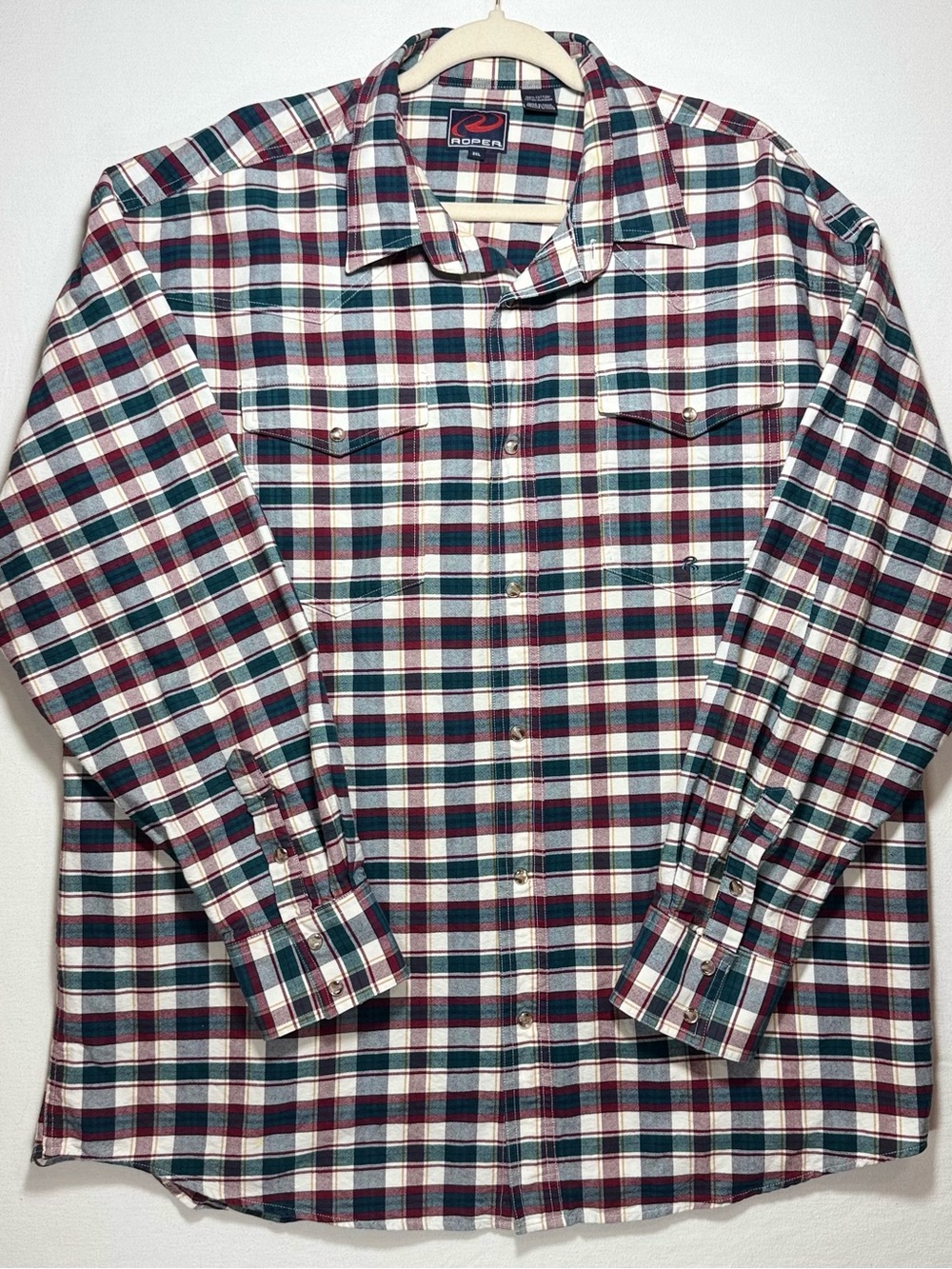 Roper Men's Plaid Button-Down Shirt in White, Green & Burgundy